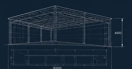 Technische Zeichnung einer Stahlhalle mit Bemaßung