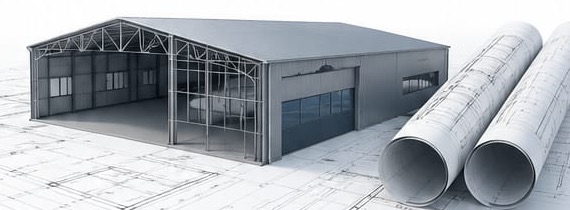 Stahltragwerk einer Halle auf Bauplänen mit Planrollen
